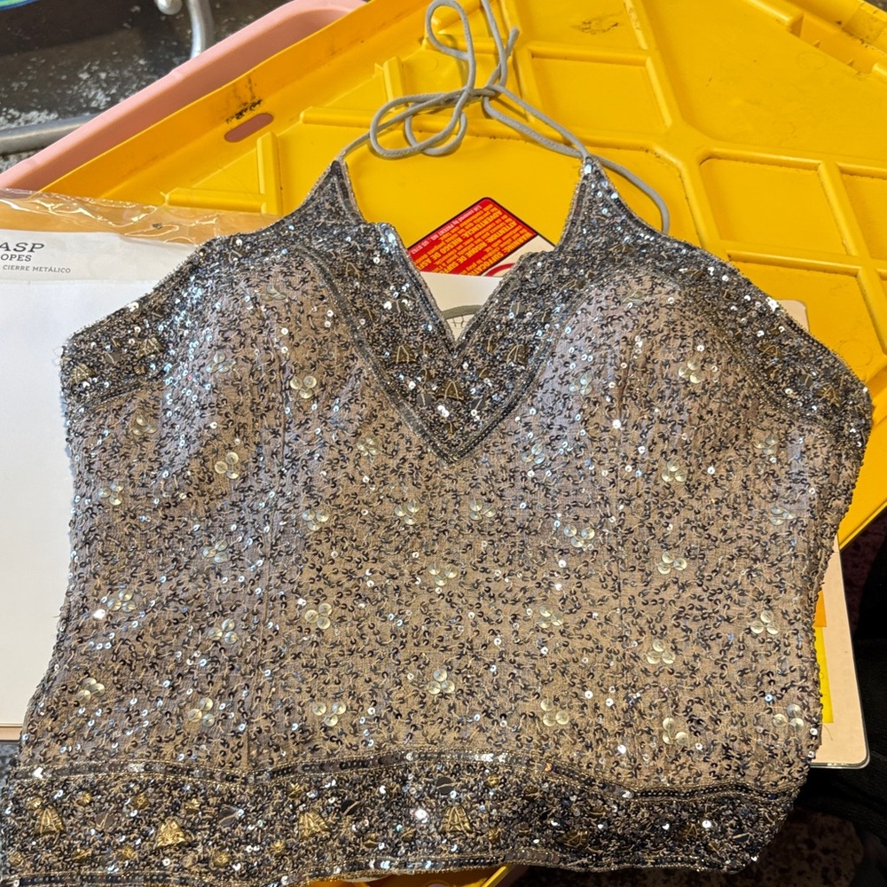 Silver Sequin Lace-Up Corset Crop Top